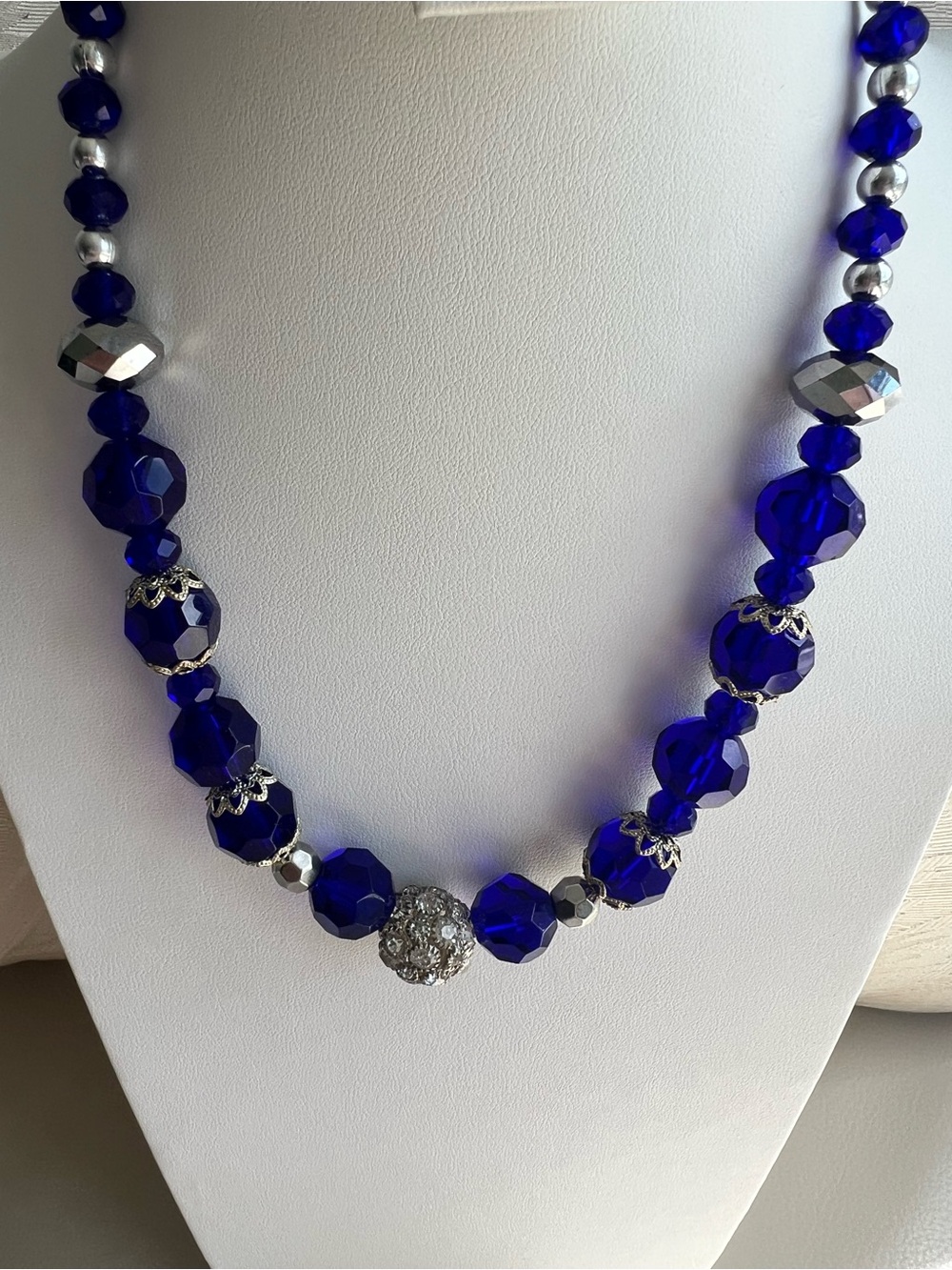 Bold Cobalt Blue Faceted Bead Statement Necklace Rhinestone Pave Silver Tone